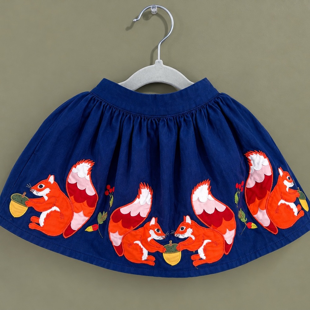 Navy Kids Skirt with Orange Red Squirrel Embroidery